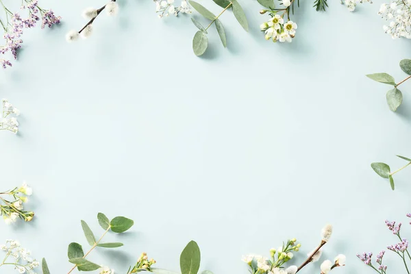 Spring Flower Frame Blue Background Copy Space Flat Lay Mock — Stock Fotó