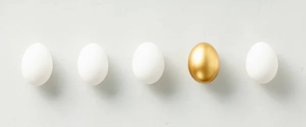 Ovos Galinha Branca Com Ovo Dourado Plana Colocar Banner Vista — Fotografia de Stock