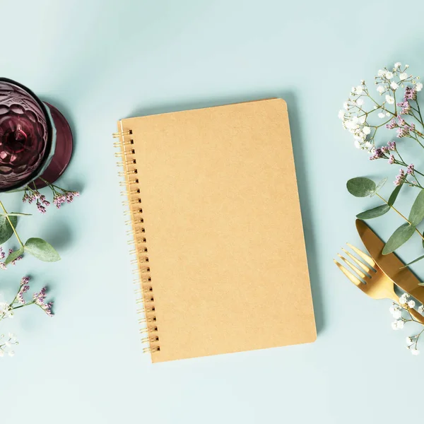Notebook Table Decorations Blue Background Flat Lay Top View Copy — 스톡 사진
