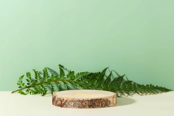 Minimalny Nowoczesny Wyświetlacz Produktu Zielonym Tle Drewniane Podium Zielone Liście — Zdjęcie stockowe