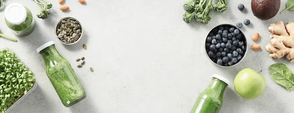 Vegetariano Vegan Ingredienti Sani Frullato Verde Sfondo Grigio Pietra Note — Foto Stock
