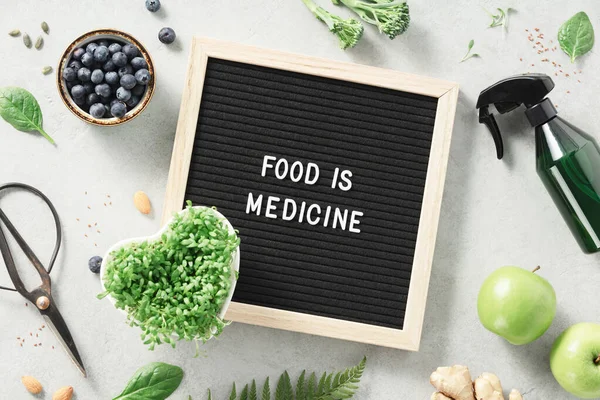 Comida Medicina Carta Bordo Citação Flat Lay Conceito Alimentação Saudável — Fotografia de Stock