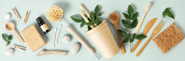 Set Artículos Tocador Ecológicos Productos Cocina Sobre Fondo Azul Pastel — Foto de Stock
