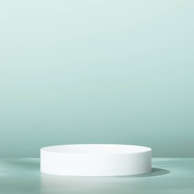 Mavi arka planda soyut boş beyaz podyum. Ürün sunumu için stand-up yapın. Üç boyutlu çizim. Minimum konsept. Reklam şablonu