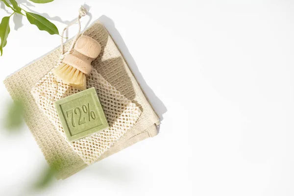 Zero Waste Home Cleaning Concept Natuurlijke Zeep Bamboe Afwasborstel Handdoek — Stockfoto