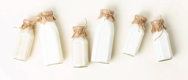 Vegan Non Dairy Plant Based Milk Bottles Light Background Banner — Stock Photo, Image