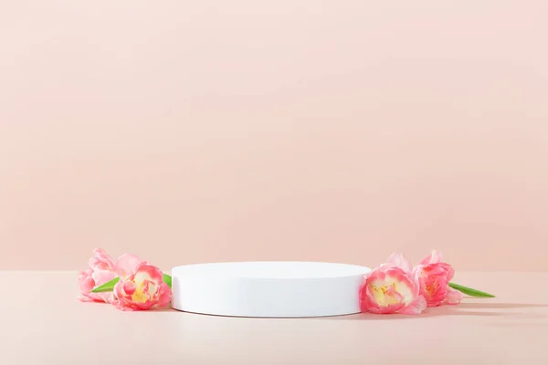 概要ピンク地に空の白い泡の輪の表彰台 モックアップは 製品プレゼンテーションの略です 3Dレンダリング 最小限のコンセプト 広告テンプレート — ストック写真