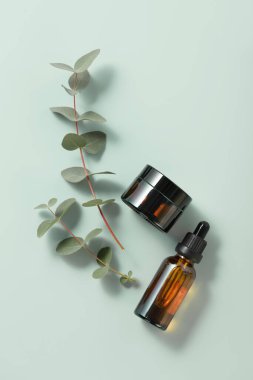 Kozmetik cilt bakım ürünleri ve okaliptüs yapraklarıyla en düşük bileşim mavi arka planda. Organik, çevre dostu, doğal kozmetik konsepti