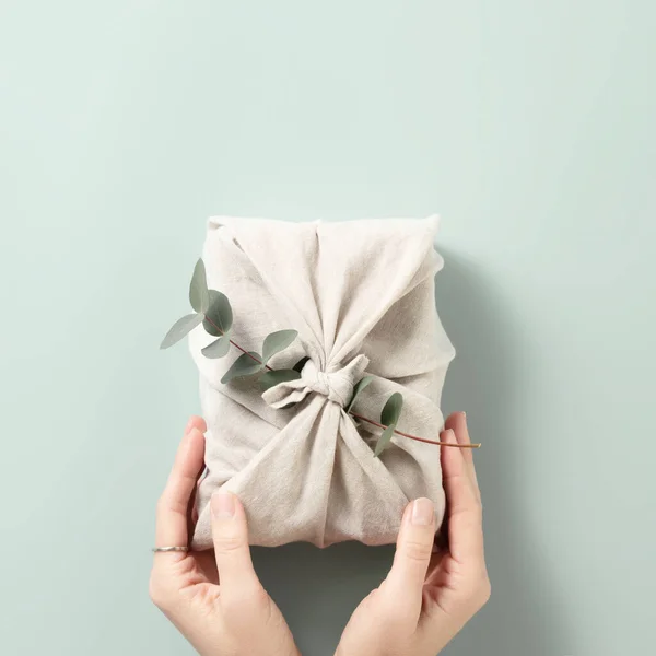 Furoshiki Tissue Wrapping Presents Female Hand Holding Gift Eco Friendly — Stock Photo, Image