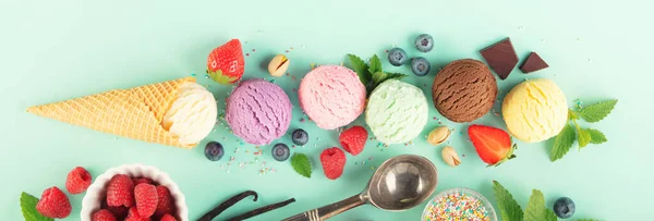 Flying Ice Cream Balls Ingredients Pastel Light Blue Background Summer — Stock Photo, Image