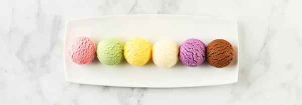 Set Various Ice Cream Scoops White Marble Background Strawberry Pistachio — Stock Photo, Image