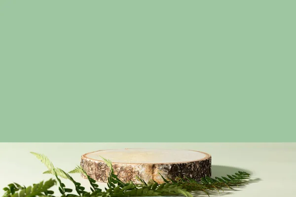 Minimalny Nowoczesny Wyświetlacz Produktu Zielonym Tle Drewniane Podium Zielone Liście — Zdjęcie stockowe