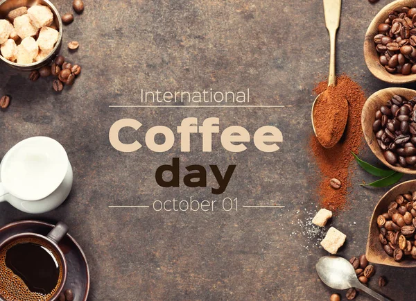 stock image Fresh Coffee and coffee beans on dark background, international coffee day concept. Suitable for greeting card, poster and banner background