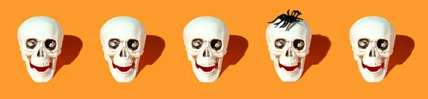 Conception Bannière Halloween Avec Crânes Araignée Sur Fond Orange Style — Photo