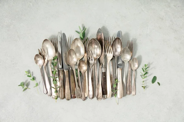 Rustic Vintage Cutlery Grey Stone Background Flat Lay Top View — Stock Photo, Image