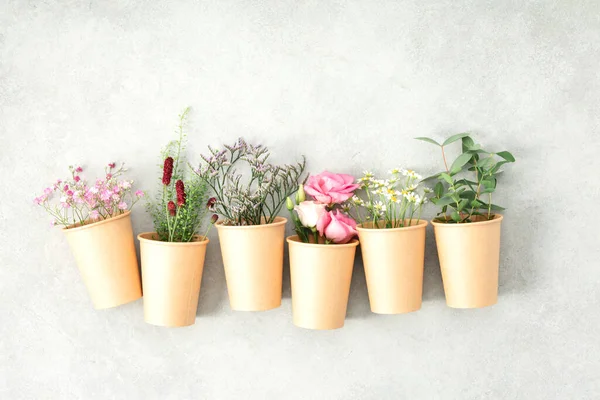 Paper Cups Spring Flowers Zero Waste Concept Flat Lay Banner — Stock Photo, Image