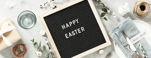Banner Happy Easter Letter Board Spring Table Setting Top View Stock Photo