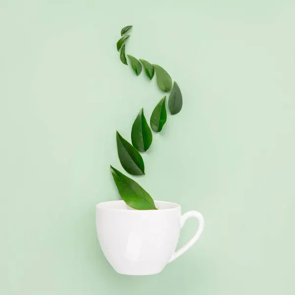 Uma Xícara Chá Branco Com Uma Trilha Caprichosa Folhas Verdes — Fotografia de Stock