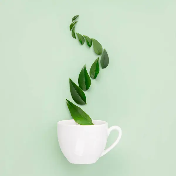 緑色の葉の白いティーカップは 柔らかい緑の背景に自然で芳香族茶のブレンドを示唆しています ストック写真