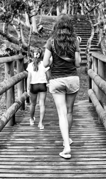 小女孩和她的妈妈一起探索森林木桥 清凉假期的概念 — 图库照片