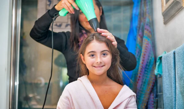 Young Mom Drying Daughter Hair Home — Stock Photo, Image