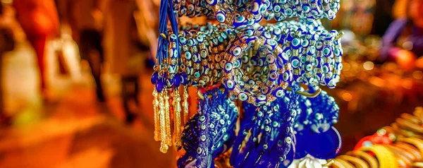 Bracciali Donna Fatti Mano Perline Legno Metallo Colore Blu Una — Foto Stock