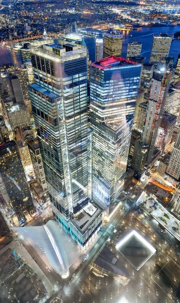 Downtown Manhattan Hoge Wolkenkrabbers Neerwaartse Uitzicht Nacht Stadslichten Reflecties New — Stockfoto