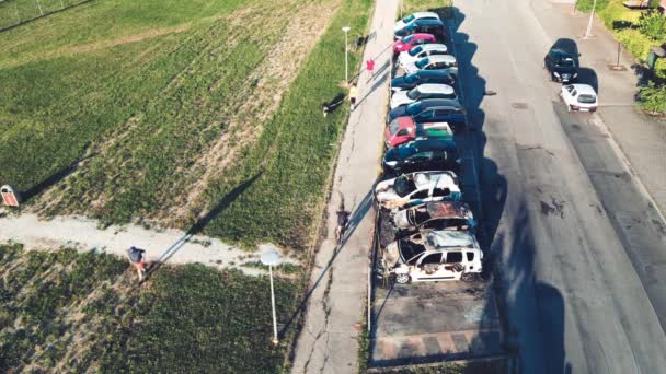 Aerial View Burned Cars Car Parking Terrorist Attack Urban Danger — 비디오