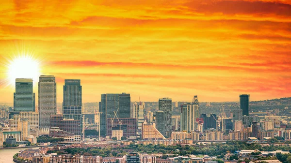 Лондон Великобритания Воздушный Панорамный Вид Современные Здания Кэнэри Уорф Закате — стоковое фото