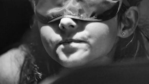 Little Girl Plane Blindfold Her Eyes — Stock Photo, Image
