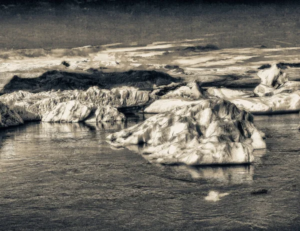 Jokulsarlon Icebergs Largo Playa Vista Panorámica Costa Islandia —  Fotos de Stock
