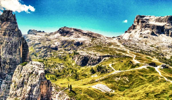 Aerial Panoramic Mountain Landscpae Five Towers Peaks Cinque Torri Dolomite — Stock Photo, Image