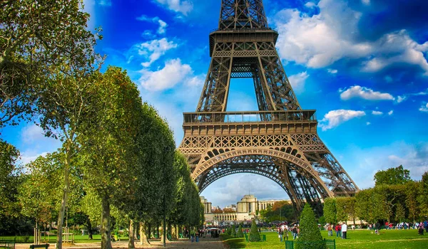 Tour Eiffel Parigi Torre Vista Tramonto Con Champs Mars Giardini — Foto Stock