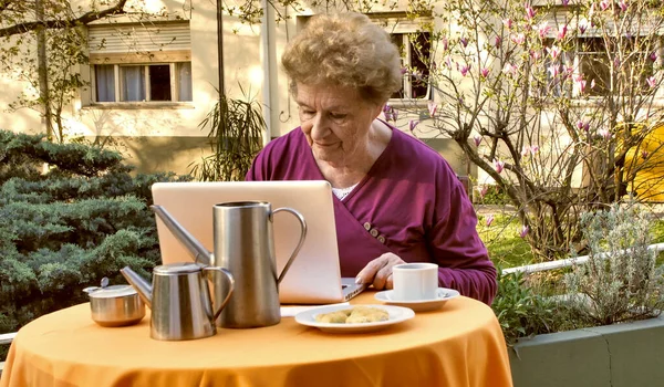Ηλικιωμένοι Ritered Ευτυχισμένη Γυναίκα Uisng Ένα Φορητό Υπολογιστή Στον Κήπο — Φωτογραφία Αρχείου
