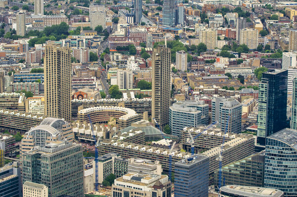 Aerial view of London modern buildings from helicopter.