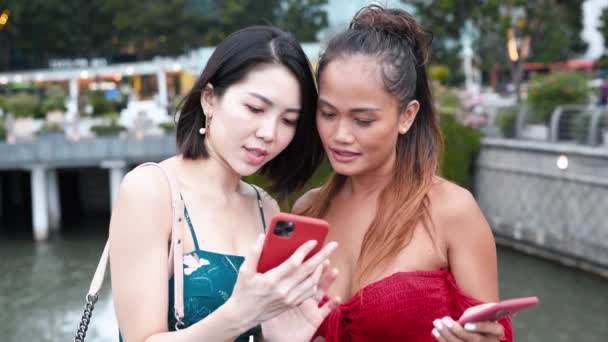アジア系の女の子のカップルがスマートフォンで何かを見て — ストック動画