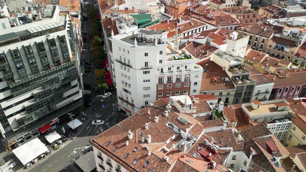 Madrid, Spain - October 29, 2022: Aerial view of city landmarks and buildings on a sunny autumn day.