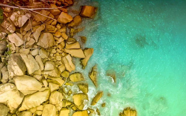 Bovenaanzicht Vanuit Lucht Seychellen Strand Met Rotsen Oceaanlandschap — Stockfoto