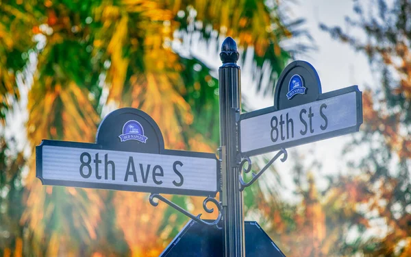 Panneau Rue Naples Avec Des Arbres Sur Fond Floride — Photo