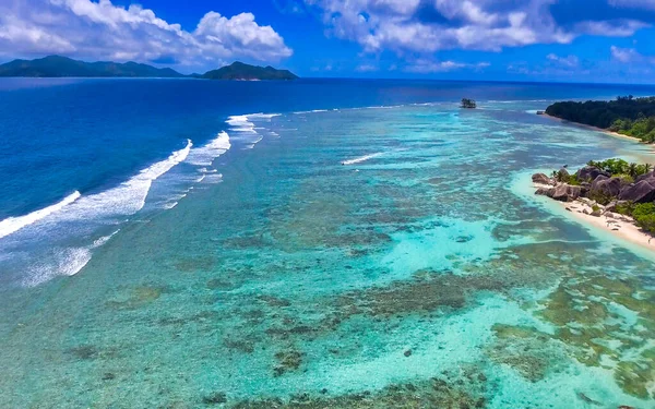 Vista Aérea Drone Digue Anse Fonte Praia Argent Seychelles — Fotografia de Stock