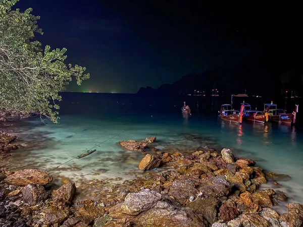 Long Tail Boats Night Shoreline Thailand — Stock Photo, Image