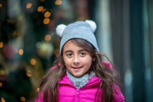 Happy Young Girl City Street Night Wearing Wool Hat — Stock Photo, Image