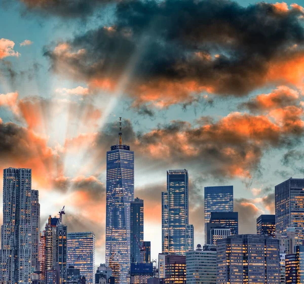 New York Při Západu Slunce Panoramatický Výhled Budovy Centra Manhattanu — Stock fotografie