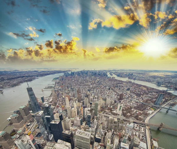 Panorámás Légi Kilátás Manhattan Belvárosára Naplementekor New York City Egy — Stock Fotó