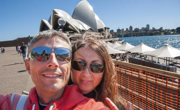 Selfie Happy Caucasian Couple Vacation Visiting Sydney Australia — Stock Photo, Image