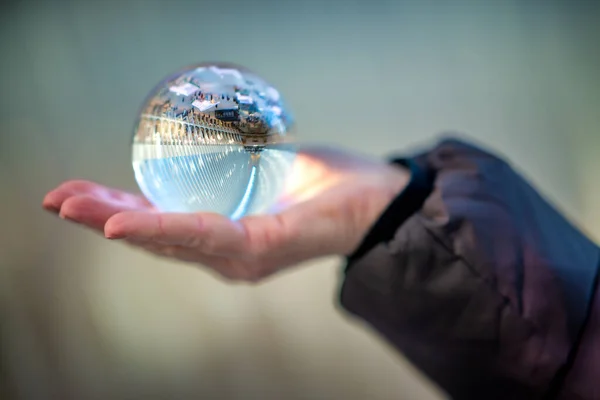 Woman Hold Crystal Ball Modern Building Interior Hall Reflection — Stock Photo, Image