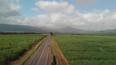 Mauritius 'ta sulama sistemi, yol trafiği ve hava manzaralı şeker kamışları.