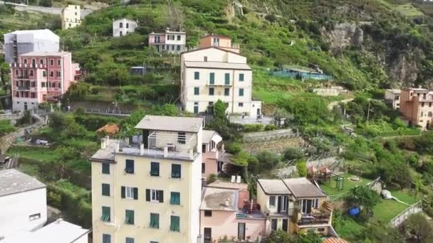 Riomaggiore Ufuk Çizgisinin Panoramik Hava Görüntüsü Beş Diyar — Stok video