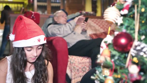 两姐妹在祖父母家里装饰圣诞树 — 图库视频影像