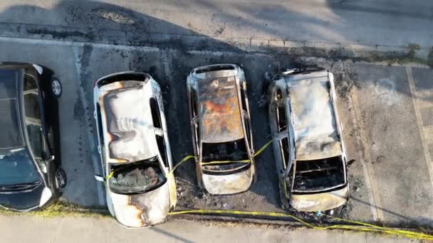Overhead Aerial View Burned Cars City Parking — Video